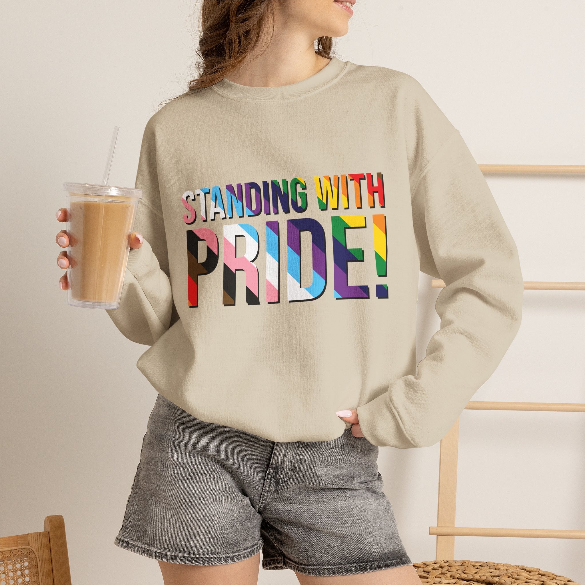 Crewneck Sweatshirt — "Standing With Pride!" Rainbow LGBTQ+ Support Crewneck
