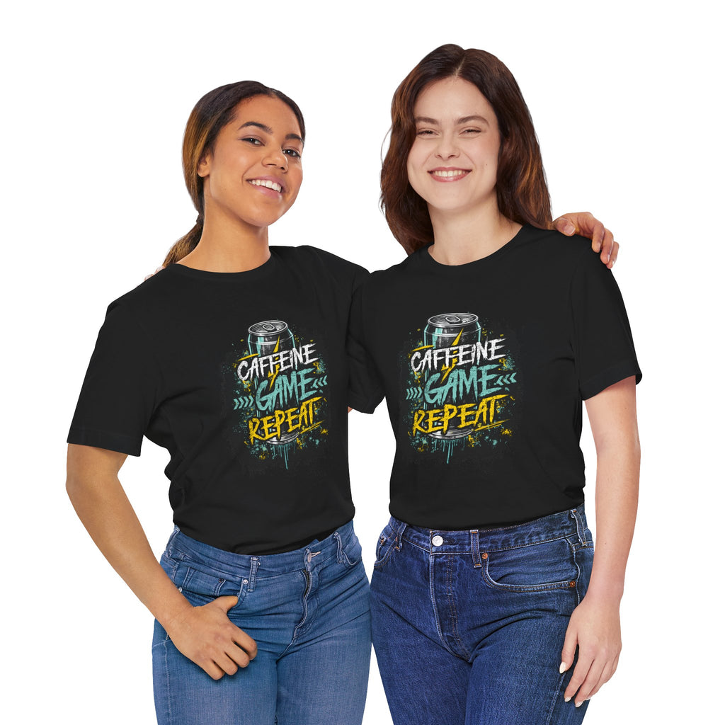 Caffeine Game Repeat T‑Shirt — Gamer Coffee Tee for Streamers & PC Players