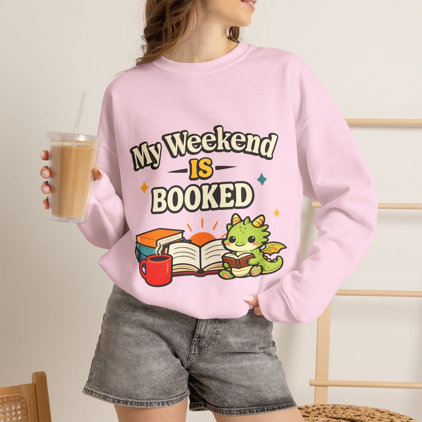 My Weekend Is Booked | Cute Book Dragon Cozy Crewneck Sweatshirt