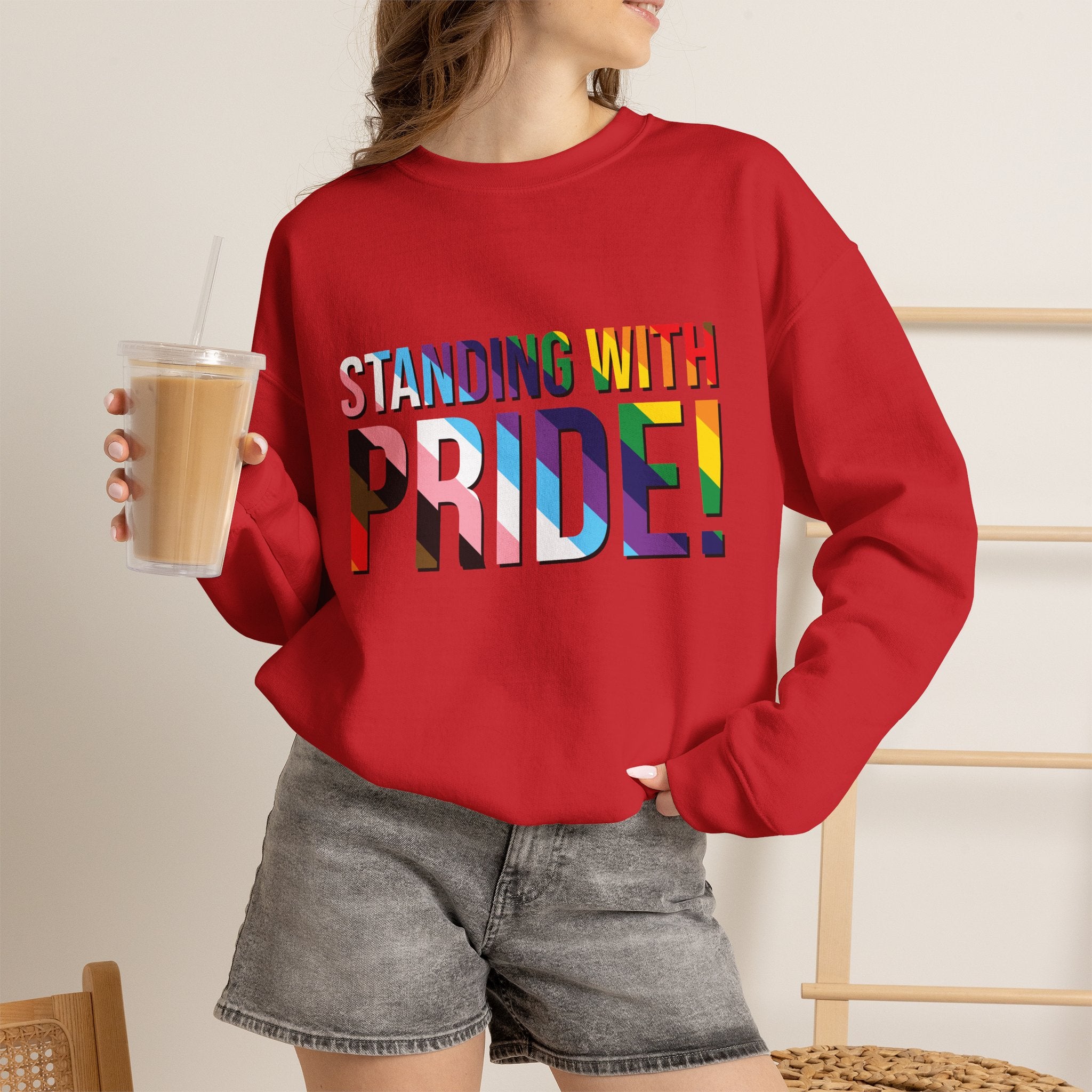 Crewneck Sweatshirt — "Standing With Pride!" Rainbow LGBTQ+ Support Crewneck