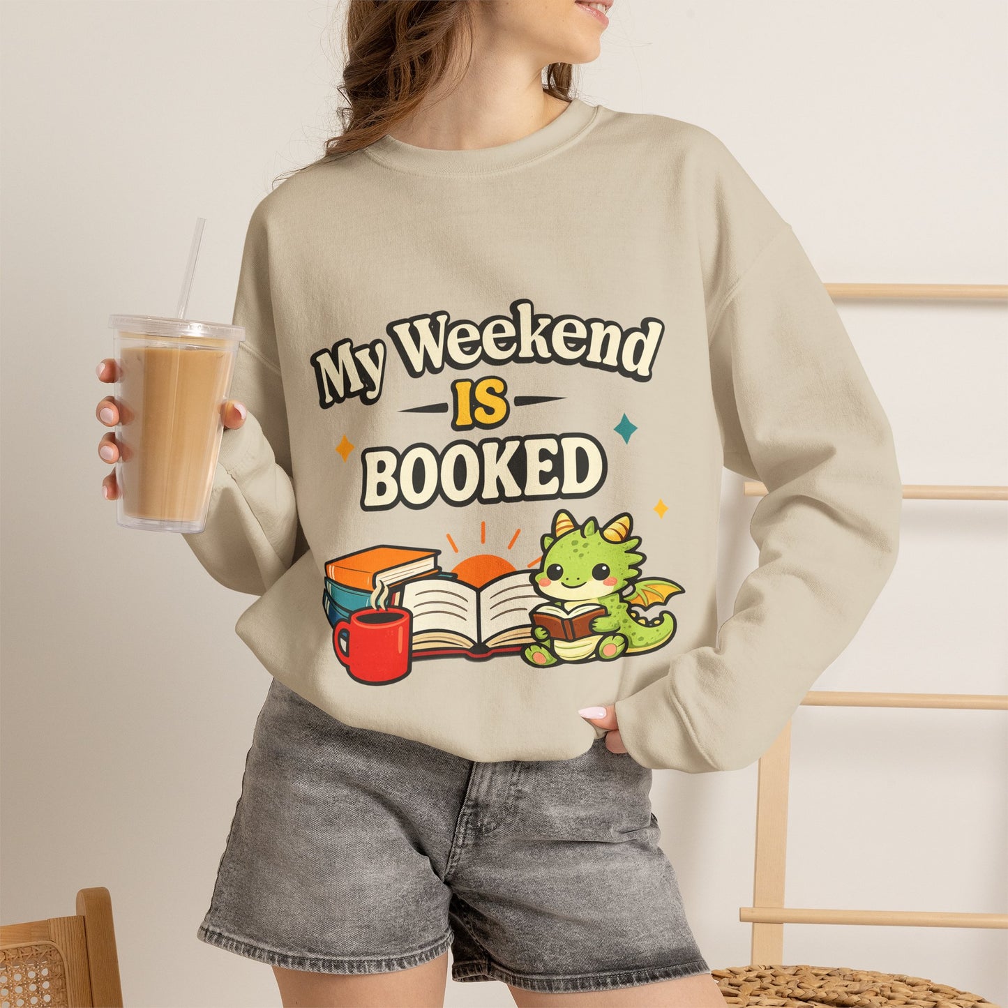 My Weekend Is Booked | Cute Book Dragon Cozy Crewneck Sweatshirt