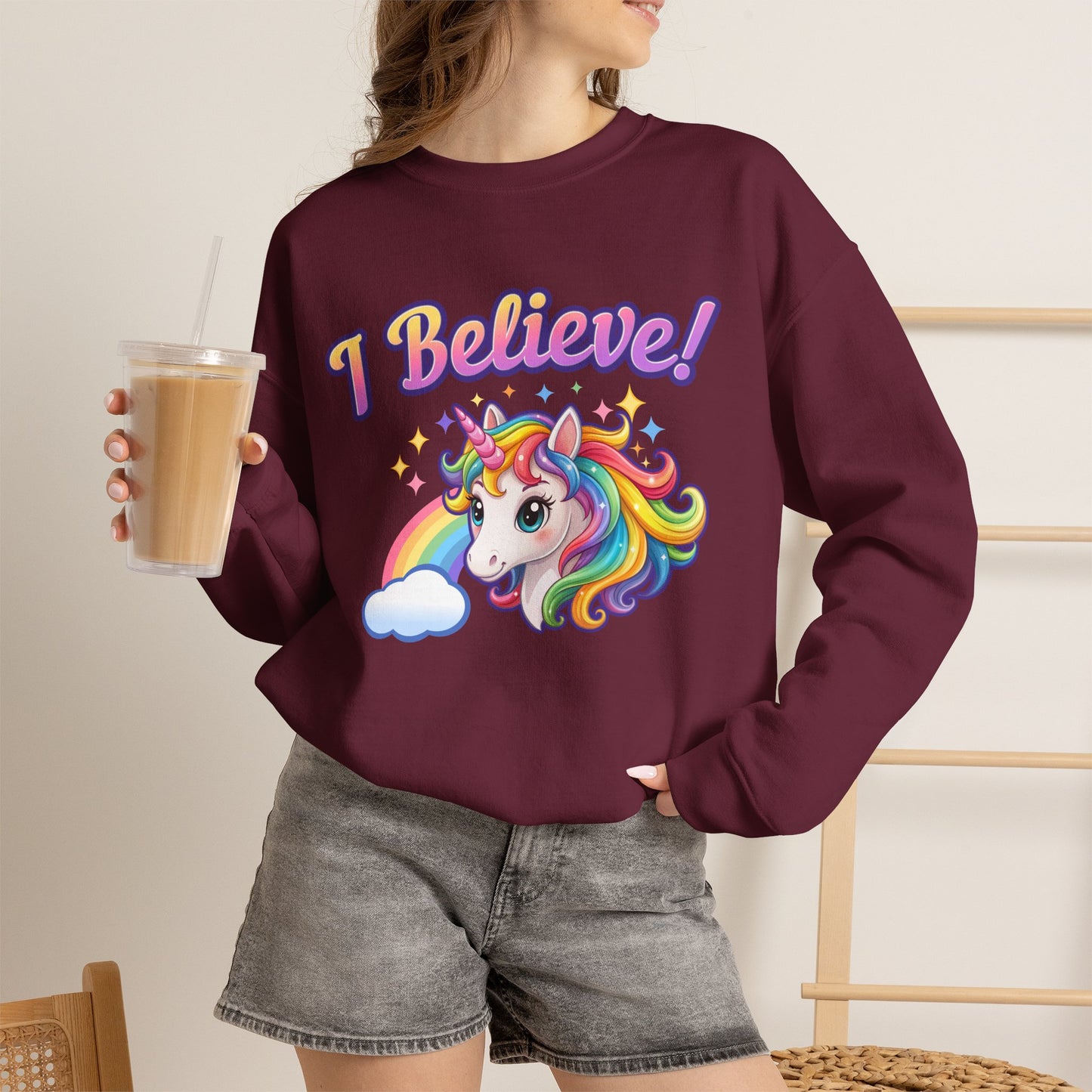 I Believe! Unicorn Crewneck Sweatshirt | Colorful Fantasy Mythical Creature Pullover