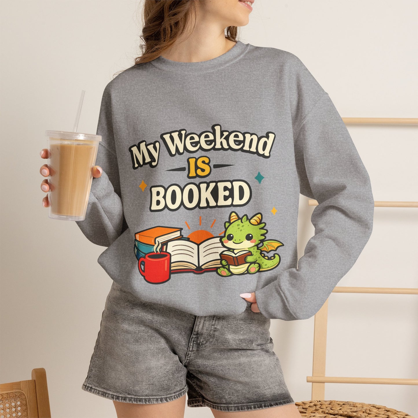 My Weekend Is Booked | Cute Book Dragon Cozy Crewneck Sweatshirt