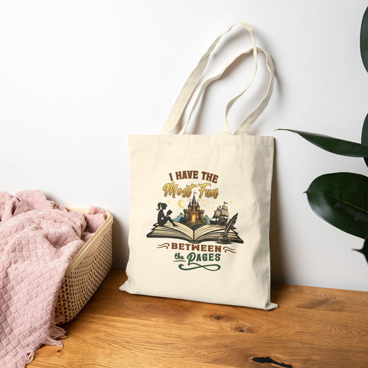 I Have the Most Fun Between the Pages Tote Bag | Fantasy Book Lover Canvas Bag | BookTok Reader Gift