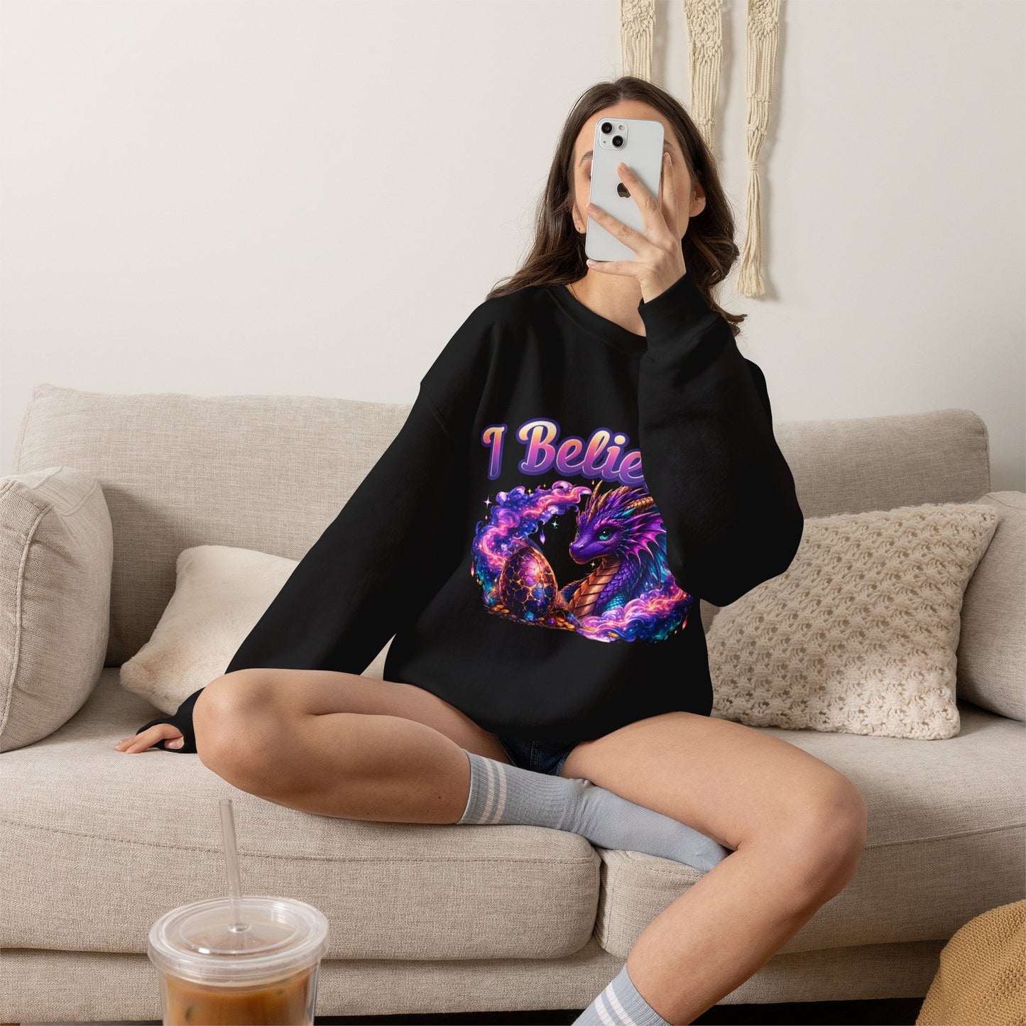 I Believe! Dragon Crewneck Sweatshirt | Magical Fantasy Dragon Egg Mythical Creature Pullover