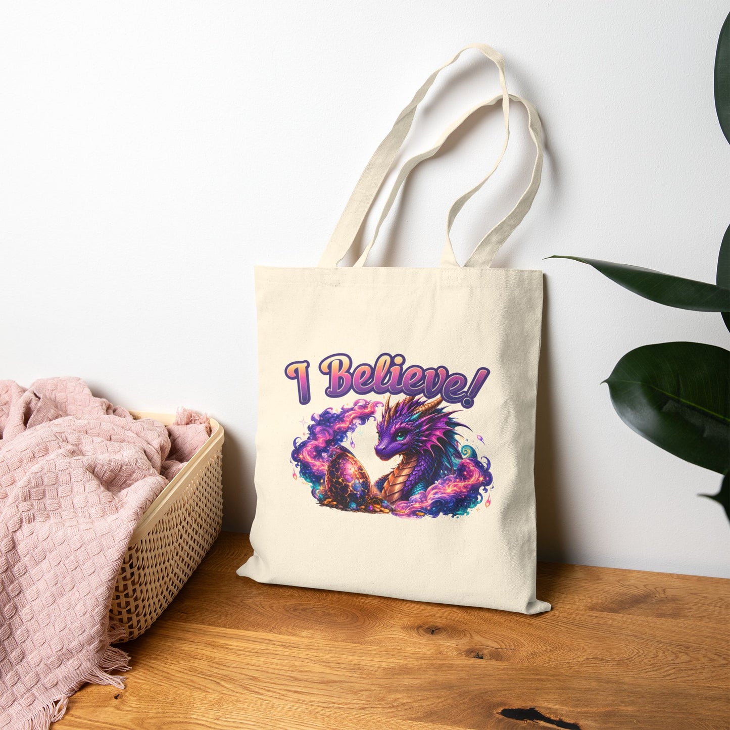 I Believe! Dragon Cotton Tote Bag | Magical Fantasy Dragon Egg Book Lover Tote