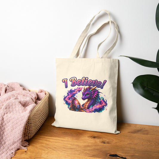 I Believe! Dragon Cotton Tote Bag | Magical Fantasy Dragon Egg Book Lover Tote