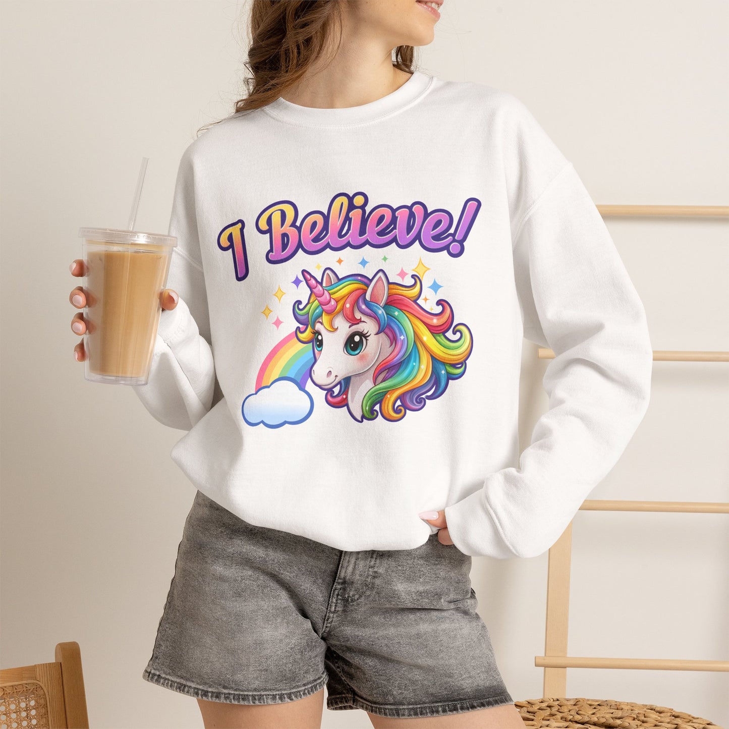 I Believe! Unicorn Crewneck Sweatshirt | Colorful Fantasy Mythical Creature Pullover