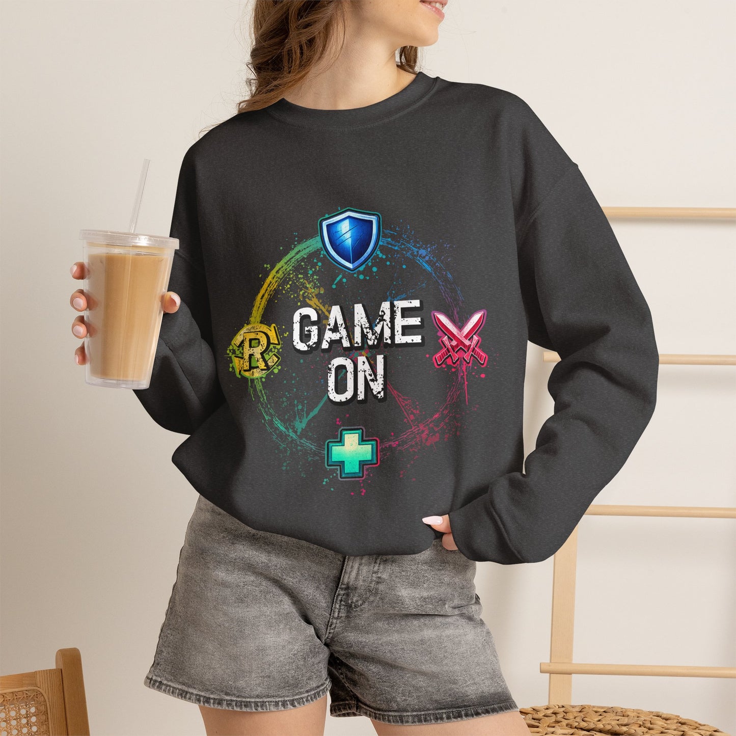 Tank DPS Heal Repeat Crewneck Sweatshirt | MMO RPG Gamer Pullover | Neon Gaming Sweatshirt