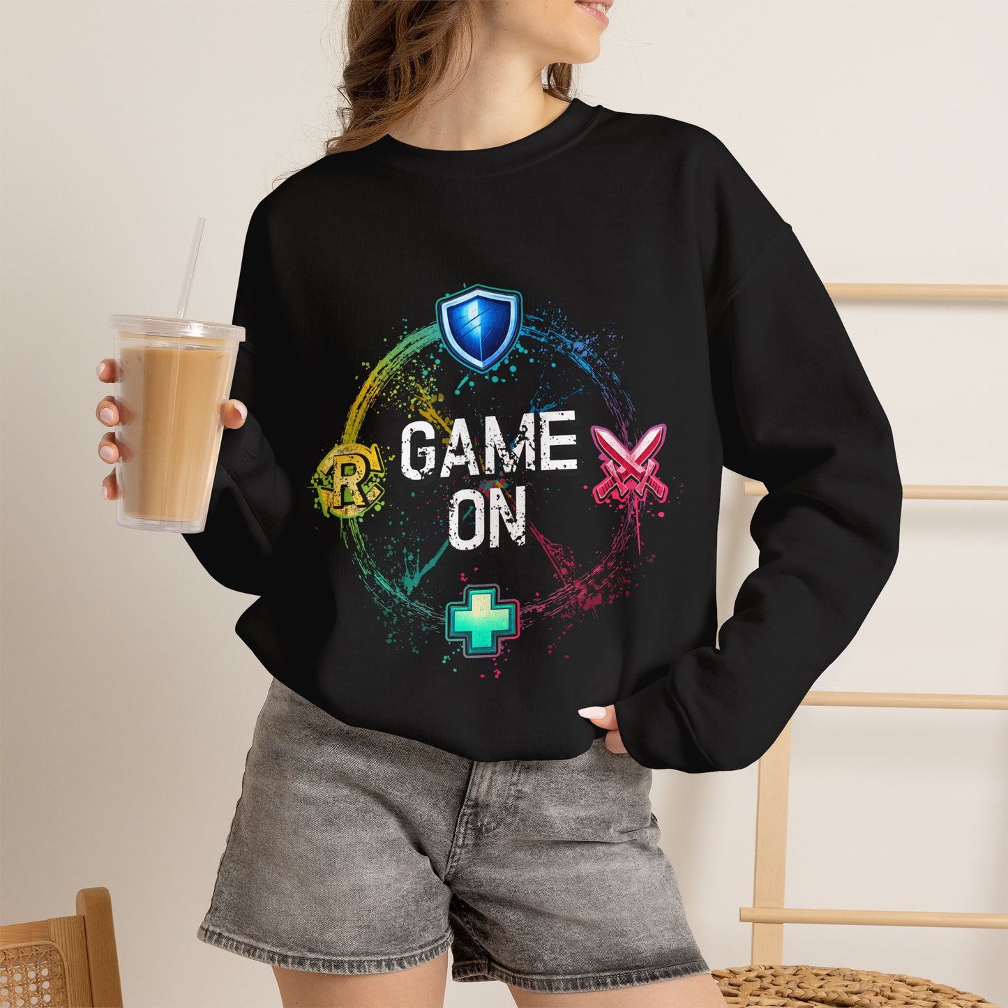Tank DPS Heal Repeat Crewneck Sweatshirt | MMO RPG Gamer Pullover | Neon Gaming Sweatshirt