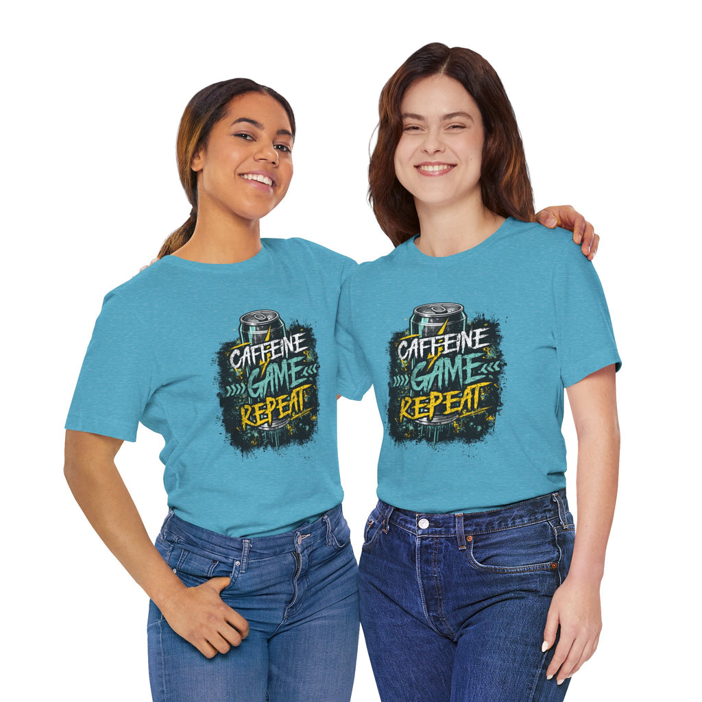 Caffeine Game Repeat T‑Shirt — Gamer Coffee Tee for Streamers & PC Players