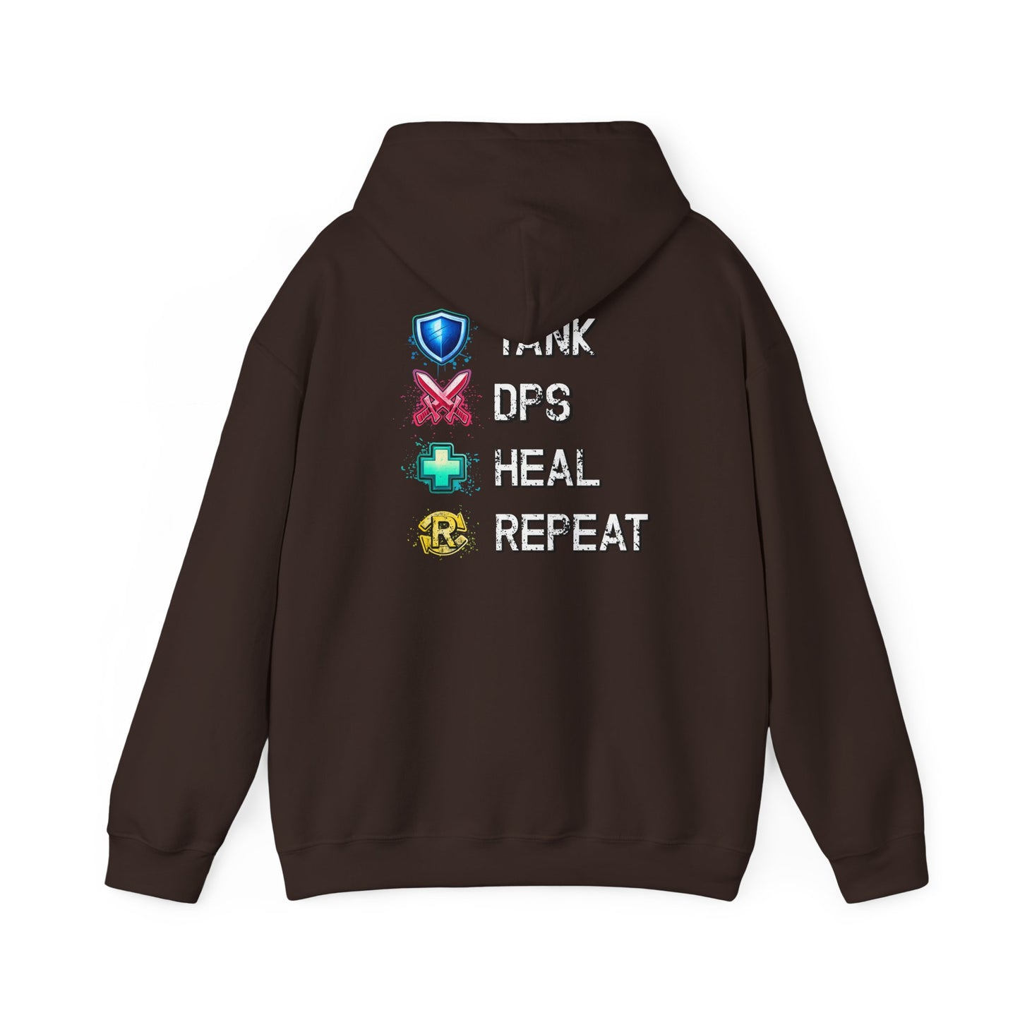 Tank DPS Heal Repeat Hoodie | MMO RPG Gamer Hoodie | Neon Graffiti Gaming Sweatshirt