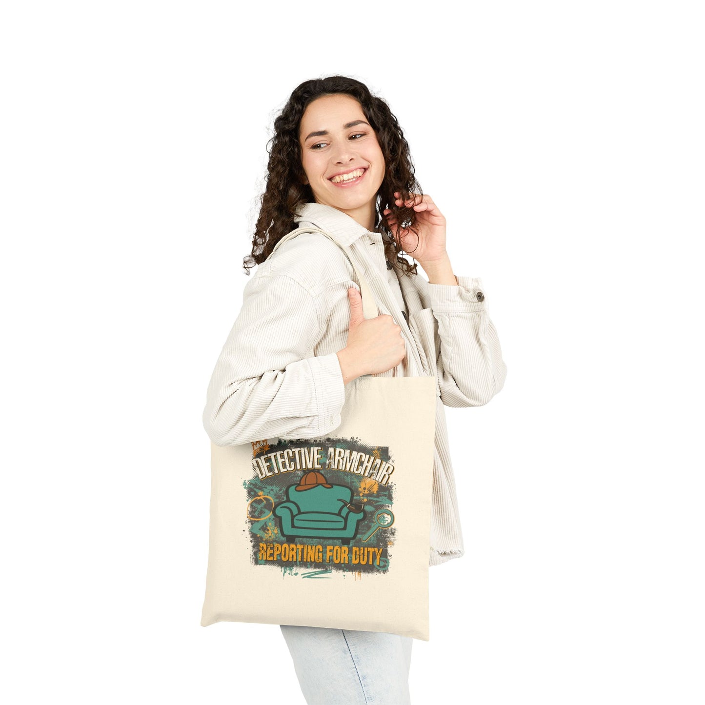Detective Armchair Reporting for Duty Funny True Crime Cotton Canvas Tote Bag