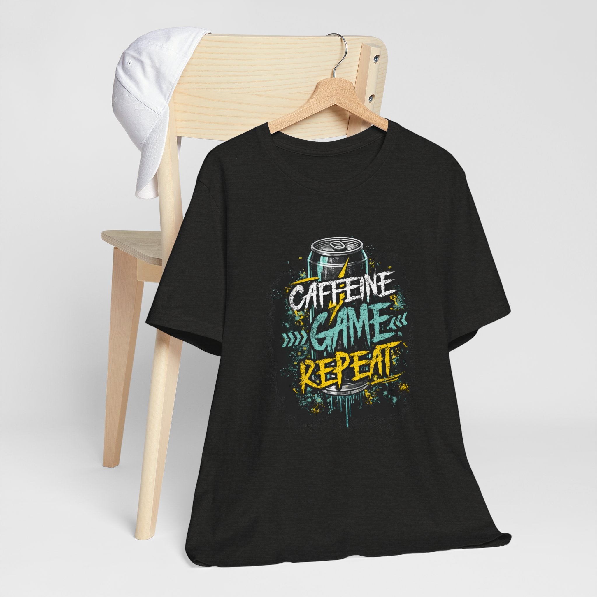 Caffeine Game Repeat T‑Shirt — Gamer Coffee Tee for Streamers & PC Players