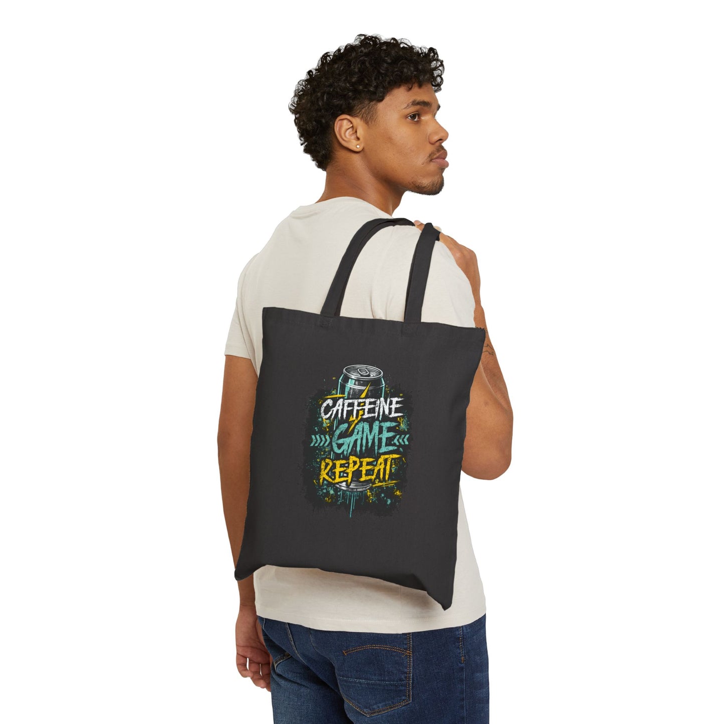 Tote Bag: "Caffeine Game Repeat" Canvas Grocery & Gamer Tote