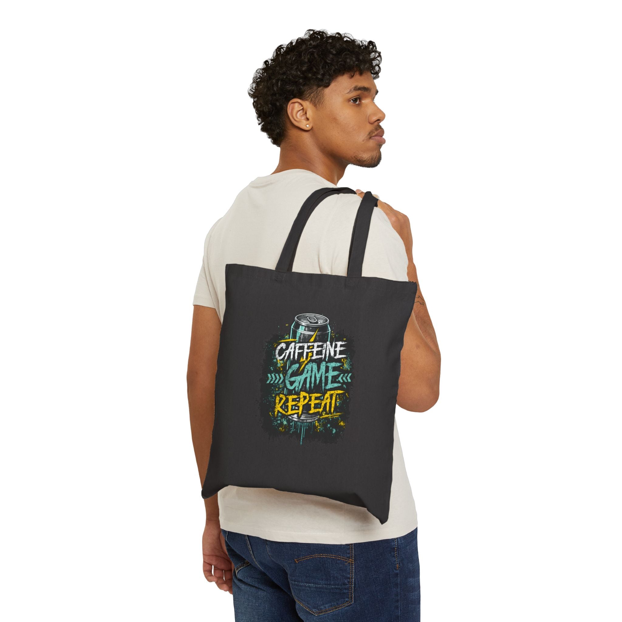 Tote Bag — "Caffeine Game Repeat" Canvas Grocery & Gamer Tote