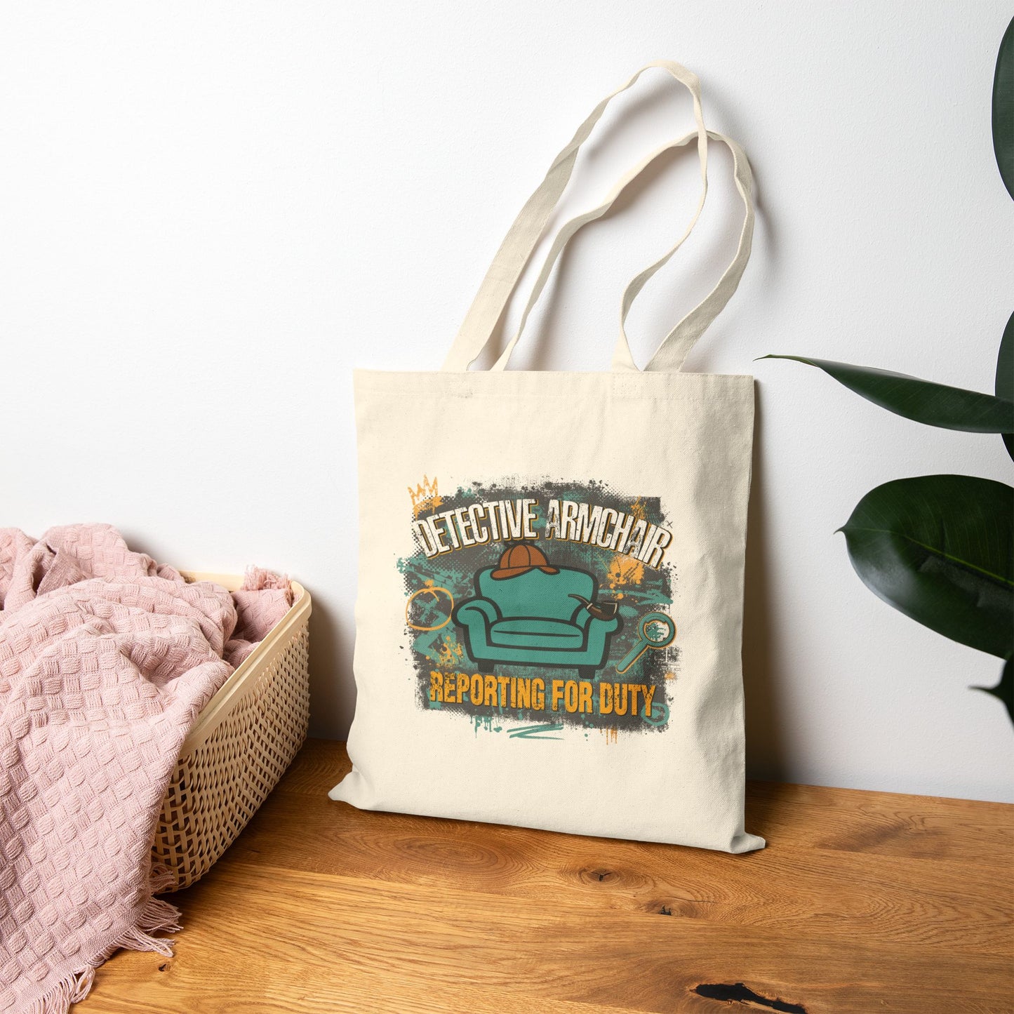 Detective Armchair Reporting for Duty Funny True Crime Cotton Canvas Tote Bag